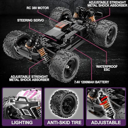 Pink Remote Control Car for Girls, 1:18 Fast rc Cars for Girls with 40+ KM/H 4WD Off-Road rc Truck, Includes 2 Rechargeable Batteries, 8 9 10 11 12 13 Year Old Girl Gifts - color: Pink