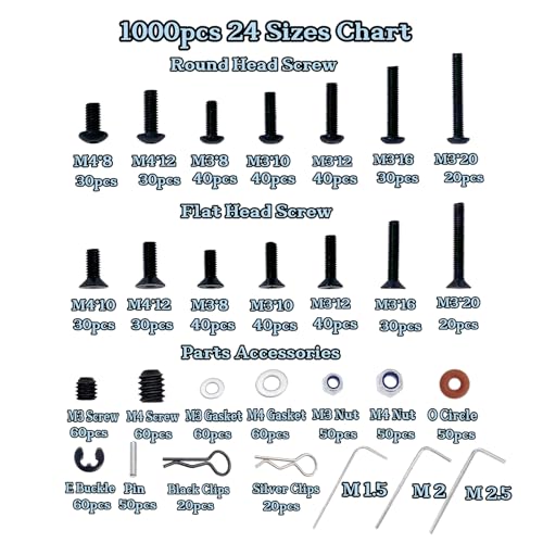 1000pcs RC Screw Kit,RC Screws for Traxxas Arrma Axial Redcat HPS SCX10 1/8 1/10 1/12 1/16 Scale RC Cars Trucks Crawler, Screws Assortment Set, Hardware Fasteners (1000pcs RC Screw Kit) - style: 1000pcs RC Screw Kit