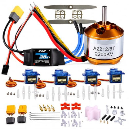 DIY RC Airplane Kit A2212 KV2200 Motor, 30A ESC, 4 Servos, 2 Propellers | Complete kit includes 4 SG90 servos, XT60 connector, motor mount, Z-bend linkages, and all required linkage hardware. - size: (Complete) KV2200