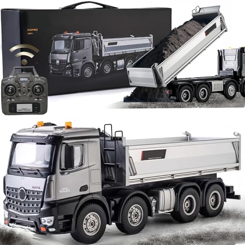 21-Inch Alloy Upgraded Version Remote Control Dump Truck 13-Channels 1/14 Scale 13 LBS Load Capacity RC Heavy Duty Metal Construction Vehicles Toy for 14Y+ (8-Wheels)