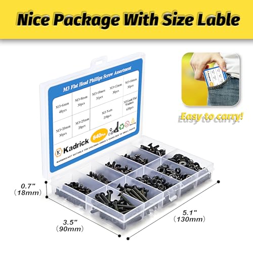 KADRICK 840Pcs M3 Countersunk Screws,M3 Flat Head Screws Length of 6MM-25MM | M3 Countersunk Screw Kit,M3 Bolts Nuts Washers Assortment Kit,Black Zinc Plated - size: M3 840Pcs 6-25mm