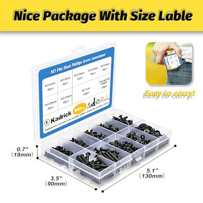 KADRICK 840Pcs M3 Countersunk Screws,M3 Flat Head Screws Length of 6MM-25MM | M3 Countersunk Screw Kit,M3 Bolts Nuts Washers Assortment Kit,Black Zinc Plated - size: M3 840Pcs 6-25mm