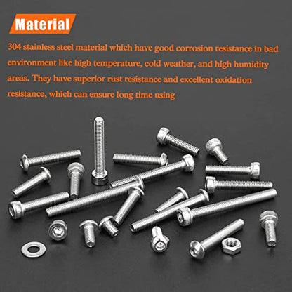 HELIFOUNER 920 Pieces 304 Stainless Steel M3 x 4mm /6mm /8mm /10mm /12mm /14mm /16mm /18mm /20mm /25mm / 30mm, Hex Socket Head and Button Head Metric Screws and Nuts Assortment Kit - size: M3 Screws Set
