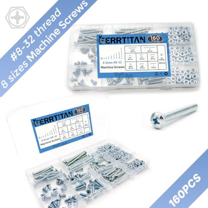 160 Pcs #8-32 Machine Screw Assortment Kit, Zinc-Plated Carbon Steel Phillips Pan Head Hex Nut Combination Set, 8 Sizes (#8-32, 1/4" to 2") with 80P Extra Hex Nut for Cabinet Electrical DIY - size: #8-32 - 80 Sets, 8 Sizes