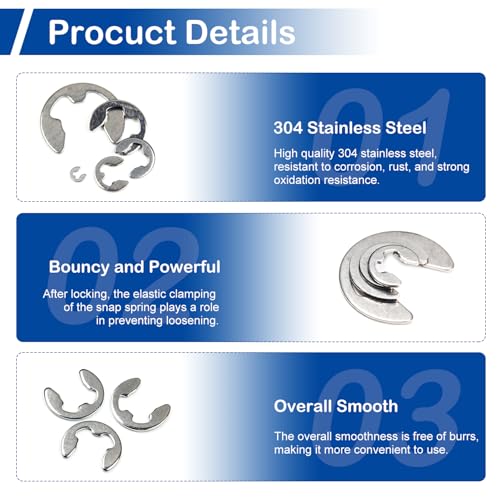 300Pcs Stainless Steel E-Clip Assortment Kit, 10 Sizes M1.5 - M10 | External Circlip Snap Rings Retaining Clips Set for Bearings, Gears, Pulleys, Axles