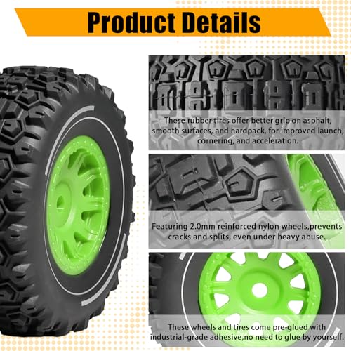 Pre-glued 64mm Wheels &Tires with 12mm Hex for 1/14 Truck, Green | Rubber Tire and Nylon Rim for ARRMA Mojave GROM, HPI, Traxxas Slash, Tamiya, Toyota, WLtoy 1/14 1/16 1/18 RC On/Off-Road Car - color: Green
