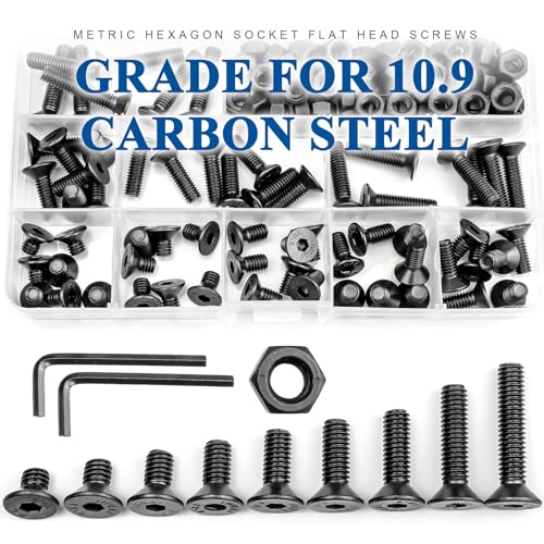 NINDEJIN Metric M6 Screws Set, Hex Socket Flat Head M6 Screw Assortment Kit, 9 Lenght Screw Bolts and Hex Nuts, Carbon Steel, Allen Socket Drive, Black Parts - size: 146PCS M6 8mm-30mm