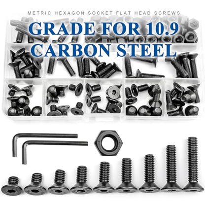NINDEJIN Metric M6 Screws Set, Hex Socket Flat Head M6 Screw Assortment Kit, 9 Lenght Screw Bolts and Hex Nuts, Carbon Steel, Allen Socket Drive, Black Parts - size: 146PCS M6 8mm-30mm
