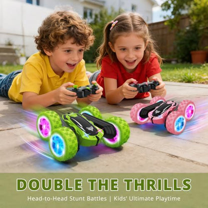 KKONES Remote Control Car, 2.4GHz Electric Race 4WD Flips Stunt Car, Green | Double Sided 360° Rolling Rotation, LED Headlights, High Speed Off Road Gift for 3 4 5 6 7 8-12 Year Old Boy Toys - color: Green