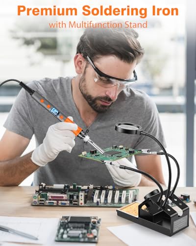 Soldering Iron Kit, 100W High Power LCD Digital Solder Iron Pen, Fast Heating Soldering Tool with Magnifying Glass and Helping Hands, Iron Tips, Solder Wire, Tweezer, Automatic Sleep Mode - color: Orange