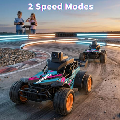 RC Car with Camera, 2.4GHz Remote Control Truck with 2.8”LCD Screen & 60° Adjustable Camera, Live Video, APP/Radio Dual Control, 2 Speeds, Rechargeable Off-Road RC Cars, Gift for Adults and Kids - color: Pink and Blue