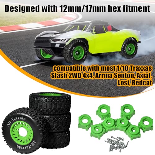1/10 RC Short Course Truck Wheel Tires Set- 12mm/17mm Hex, Green | All-Terrain Tires and Nylon Wheels Compatible with 1/10 Traxxas Slash 4WD 2WD Arrma Senton Axial Losi Redcat RC Buggy, 4-Pack - color: Green