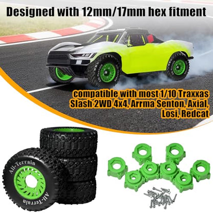 1/10 RC Short Course Truck Wheel Tires Set- 12mm/17mm Hex, Green | All-Terrain Tires and Nylon Wheels Compatible with 1/10 Traxxas Slash 4WD 2WD Arrma Senton Axial Losi Redcat RC Buggy, 4-Pack - color: Green
