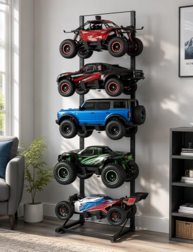 RC Car Display Stand 5-Tier Adjustable Shelf for 1/8 1/10 1/12 1/18 1/24 Scale Models – Compatible with TRX4, SCX10, TRX4M, Ascent-18, FCX18, SCX24 Crawler Trucks with Side Hooks for Remotes & Tools