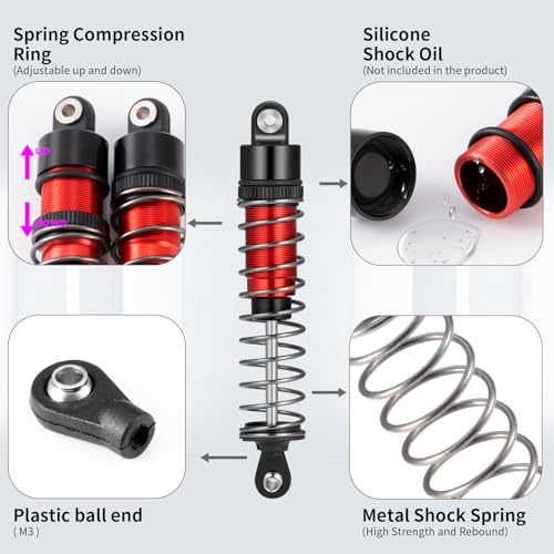 SCX10 TRX4 90MM Shocks Long Threaded Shock Absorber Oil Damper Set | Adjustable Suspension Shock Absorber Damper Kit with Spring for TRX4 TRX6 Axial SCX10 D90 90046 1/10 RC Car (Red-90MM) - color: Red-90MM