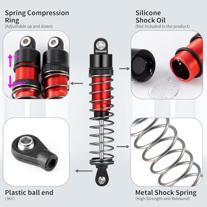 SCX10 TRX4 90MM Shocks Long Threaded Shock Absorber Oil Damper Set | Adjustable Suspension Shock Absorber Damper Kit with Spring for TRX4 TRX6 Axial SCX10 D90 90046 1/10 RC Car (Red-90MM) - color: Red-90MM
