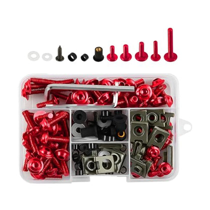 195PCS M5 M6 Motorcycle Fairing Bolt Kits, Stainless Steel Windshield Fairing Screws Fastener, Motorbike Windscreen Bolts Nut Clips Kit, Universal for Dirt Bike Scooters Motocross (Red) - color: Red