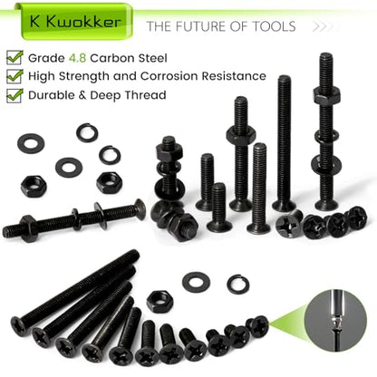 1480Pcs M3 Flat Head Phillips Machine Screws, 4mm to 35mm M3 Screw Kit, Black Metric Countersunk Nuts and Bolts for 3D Printer Robot Project Toy RC, 4/5/6/8/10/12/16/20/25/30/35mm - size: E.M3
