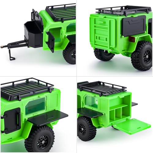 AMK 1/18 1/24 RC Crawler Trailer, Scale Off-Road Camping Trailer with Roof Rack & Storage Box, Tow Trailer for SCX24 TRX4M FCX24 AX24 Bronco Defender K10 F150 RC Accessories (Green) - color: Green