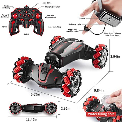 TADOZIC 4WD Remote Control Gesture Sensor Car,Hand Controlled RC Stunt Car,Double-Sided Vehicle 360° Rotation with Light and Music Spray, Watch Toy Cars for Boys & Girls Birthday - color: Red