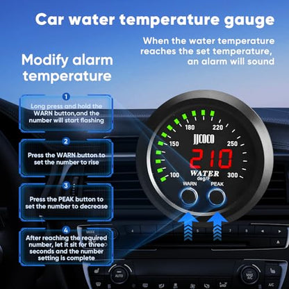Universal 52mm Water Temperature Gauge with Alarm and 1/8 Npt Sensor Car Digital Meter Red Display Green Ambient Light Temp 100-300F(-17~187C) - color: Green, size: Joint Pipe: None