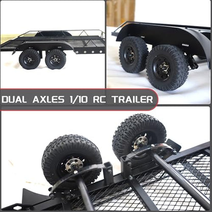 1/10 RC Car Trailer Heavy-Duty Metal RC Trailer for 1/10 RC Crawler TRX4 TRX6 SCX10 Gen7 Gen8, Hitch Receiver and Kinetic Winch Strap Included
