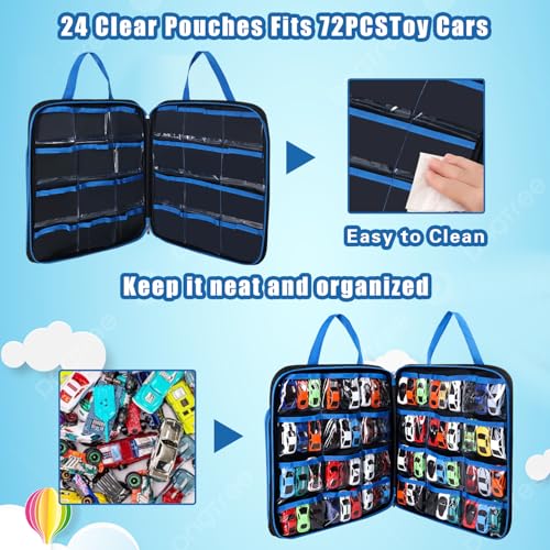 Toy Car Carrying Case, Portable Storage Organizer Bag Compatible with Hot Wheels/Matchbox 1:64 Scale Diecast Cars, Large Travel Tote for Kids Mini Toys, Dolls, Crafts - Bag Only (Blue)