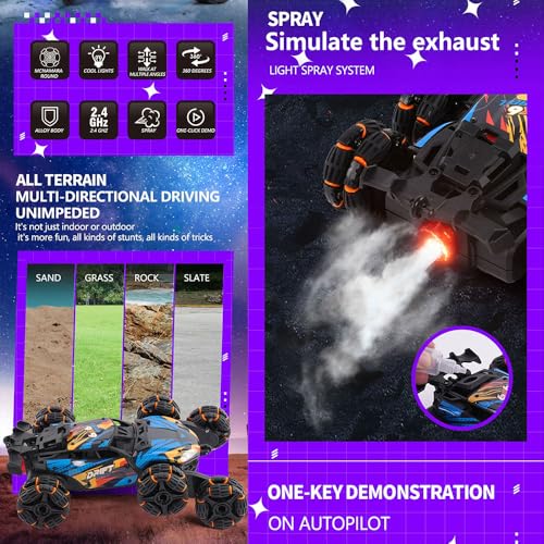 Six-wheel RC Control Racing Car Spray Off Road Truck Function That Can Turn Back & Forth 4-Channel Double Sided Remote Control Expert Drift Twisting Plastic Stunt Car 500m Range for Indoor-Outdoor Use
