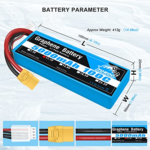 Yowoo Graphene Battery 3S 5000mAh 100C 11.1V LiPo RC Battery with XT90 Plug for 1/8 Scale Vehicles Arrma Slash VXL Slash 4x4 VXL E-maxx Brushless Axial e-revo Brushless and Spartan Models - style: 3S 5000mAh XT90 (1Pack)