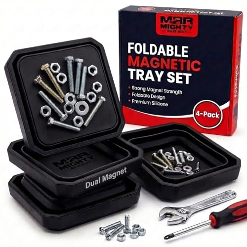 Collapsible Magnetic Parts Tray Set, 4-Pack, Black | Silicone construction, double-sided magnets, fold-flat design, keeps screws and bolts, compact storage, mechanic organizer - color: Black
