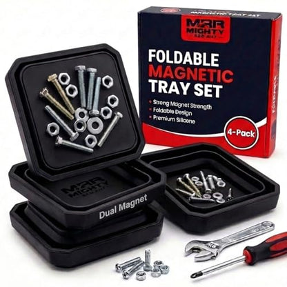 Collapsible Magnetic Parts Tray Set, 4-Pack, Black | Silicone construction, double-sided magnets, fold-flat design, keeps screws and bolts, compact storage, mechanic organizer - color: Black