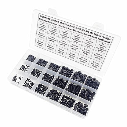 750PCS Metric M2 M2.5 M3 M4 M5 M6 Nylon Phillips Pan Head Screws Hex Nuts Flat Washers Assortment Kit(Black) - size: M2, M2.5, M3, M4, M5, M6