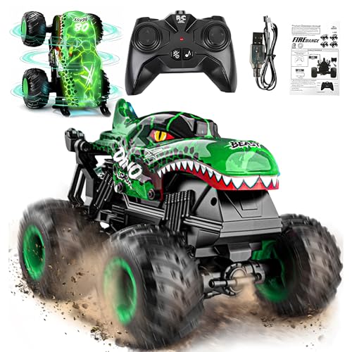 BEZGAR Monster Truck Toys，1:20 Remote Control Car with Light & Music | Green Dinosaur Toys for Kids,RC Truck with 360° Spins and Drifting, Toy Car Gifts for Boys, Battery Life of 20 Minutes - color: Green
