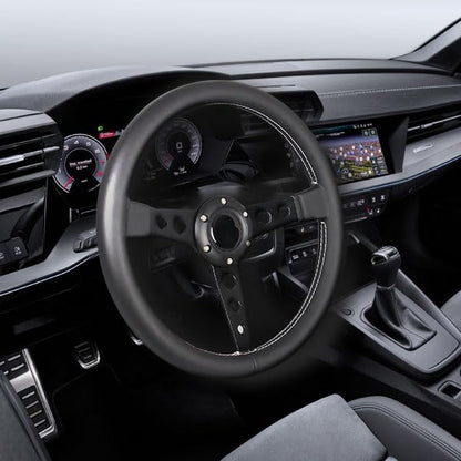 Car Drift Flat Steering Wheel Black Leather Grip 14inch/350mm Racing Sport Steering Wheel with White Stitching - color: black