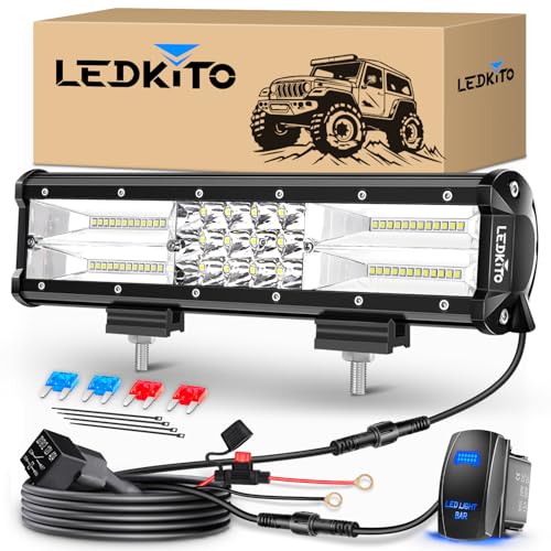 12Inch LED Light Bar with Wiring Harness Kit Spot Flood Combo Beam | 160W 30000LM LED Off Road Driving Work Lights Bar with 3Pin Rocker Switch for Je-ep Truck ATV UTV SUV UTE Pickup Tractor Golf - size: LEDKITO 12InC LED Light Bar Kits