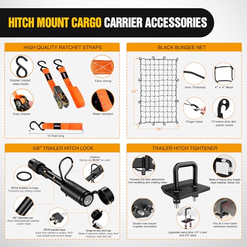 Nilight 60" x 20"x 7.87" Folding Carrier Fits 2-Inch Receiver 500 Lbs Capacity Bag Net Ratchet Straps Lock Stabilizer for SUV Pickup RV Van - style: 20"Basket w/Bag,Net,Straps,Stabilizer,Lock