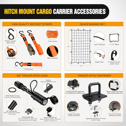 Nilight 60" x 20"x 7.87" Folding Carrier Fits 2-Inch Receiver 500 Lbs Capacity Bag Net Ratchet Straps Lock Stabilizer for SUV Pickup RV Van - style: 20"Basket w/Bag,Net,Straps,Stabilizer,Lock