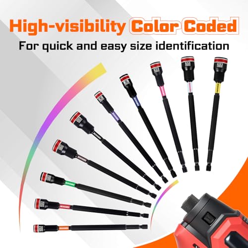 Geinxurn Impact Nut Driver Set, 10 Pieces 6”Long 1/4”6 Point Alloy Steel Magnetic SAE Nut Setter Set Use For Require Installing 1/4 Hex Shank Impact Driver with Case Box - size: 6", style: 1/4"-10pcs