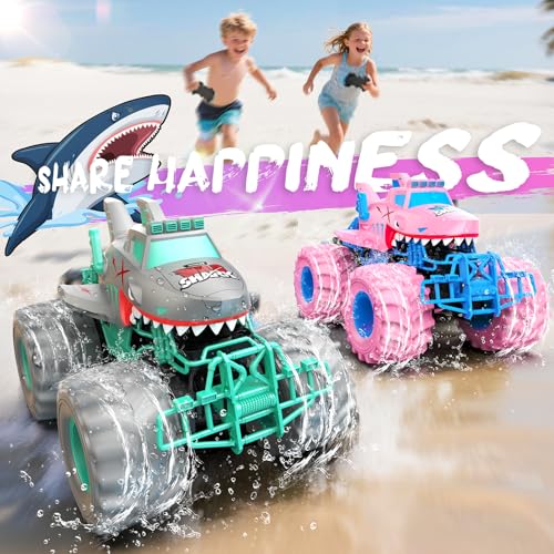 Waterproof Shark Remote Control Car, 1:16 Amphibious RC Cars 4WD All Terrain Off Road Monster Trucks Toys, RC Truck Pool Toys for Kids 3-5 6-8 8-12 Year Old Girl Birthday Gift, Pink - color: Pink