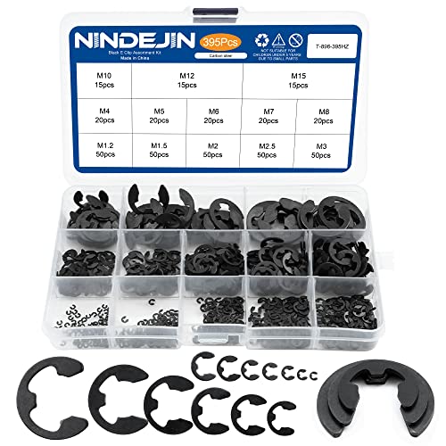NINDEJIN 395PCS Retaining Rings E-Clip Assortment Set, 13 Sizes, Carbon Steel External Snap Ring, E-Clips Retainer Circlip Rings for Projects - Gears Pulleys Axles Shafts and Other Moving Parts | Carbon Steel, External Snap Ring, C-clip Ring, for Projects