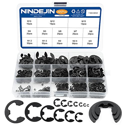 NINDEJIN 395PCS Retaining Rings E-Clip Assortment Set, 13 Sizes, Carbon Steel External Snap Ring, E-Clips Retainer Circlip Rings for Projects - Gears Pulleys Axles Shafts and Other Moving Parts | Carbon Steel, External Snap Ring, C-clip Ring, for Projects