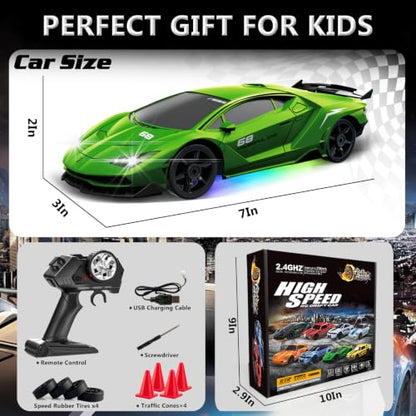 Remote Control Car RC Drift Car 2.4GHz 1:24 4WD 15KM/H High Speed Racing Sport Car with LED Lights Drifting Tire Racing Sport Toy for Adults Boys Girls Kids Gift - color: Green