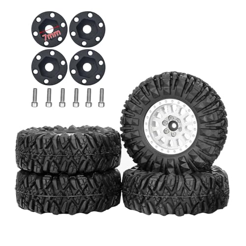 1.3” All-Terrain Tire and Wheel Set, Metal Beadlock 5mm & 7mm Hex Wheels for SCX24 TRX4M 1/12 1/14 1/18 1/24 RC Crawler Car (D, Silver) - color: D, Silver
