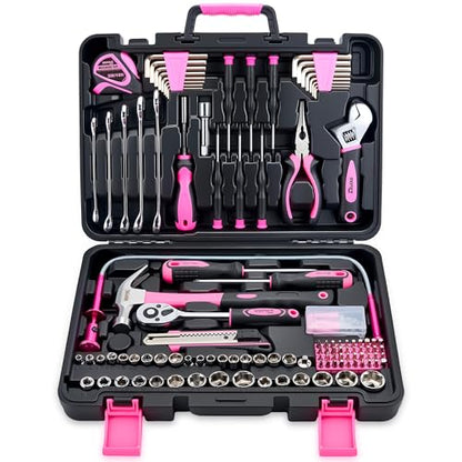 KOOPOOL 159 Piece Pink Tool Set, Tool Kit for Women, General Household pink tool kit for Home Auto Repair, Basic Mechanic Tool Box, with Storage Case - color: Pink