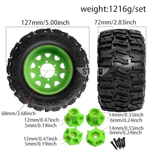 STMU 12mm/14mm Hex RC Wheels & Tires Set for 1/10 RC Trucks - Compatible with Traxxas Rustler, Stampede, Hoss 2WD/4X4 VXL, Arrma, Redcat, RIAARIO, AMORIL Green, 4PCS - color: Green