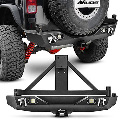 Nilight Rear Bumper & Spare Tire Rack & Hitch Receiver w/2 LED Lights Compatible for 2007-2018 Jeep Wrangler JK for 2007-2018 Jeep Wrangler JK & Unlimited - color: Rear Bumper & Spare Tire Rack