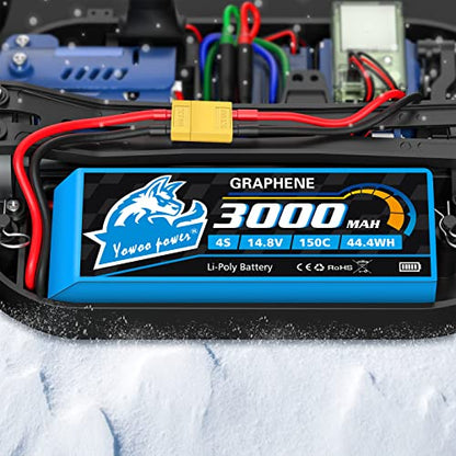 Yowoo 4S 14.8V 3000mAh 150C Graphene LiPo Battery 2-Pack XT60 | Soft case, high discharge. Fits RC airplanes, helicopters, cars, boats, drones & FPV. Adapters for EC3/T/TR/Tamiya available.