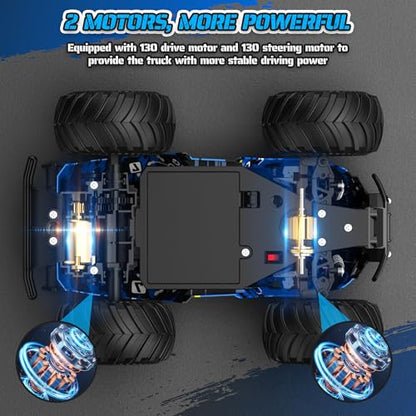 All-Terrain Remote Control Car for Boys 8-12 Headlight Christmas | Monster Remote Control Truck Rechargeable, 2 Motors 10KM/H 2.4GHZ Speed-friendly, Sturdy RC Cars for Christmas Beginner Kids - color: Blue