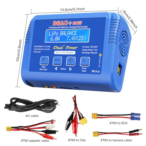 LiPo Charger 80W 6A Fast Balance Battery Chargers for RC Car Boat Drone | Smart Digital Battery Pack Charger Discharger for 1S-6S LiPo LiFe Li-ion 1-15S NiCD NiMH 2-20V PB Smart Battery Batteries