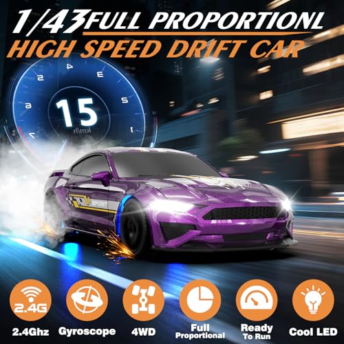RC Drift Car 1/43 Scale Mini RC Drift Cars with Gyro, 4WD Full Proporitonal High Speed Remote Control Car with LED Lights and Drifting Tire Hobby Racing Cars for Kids Boys Girls, Purple - color: Purple